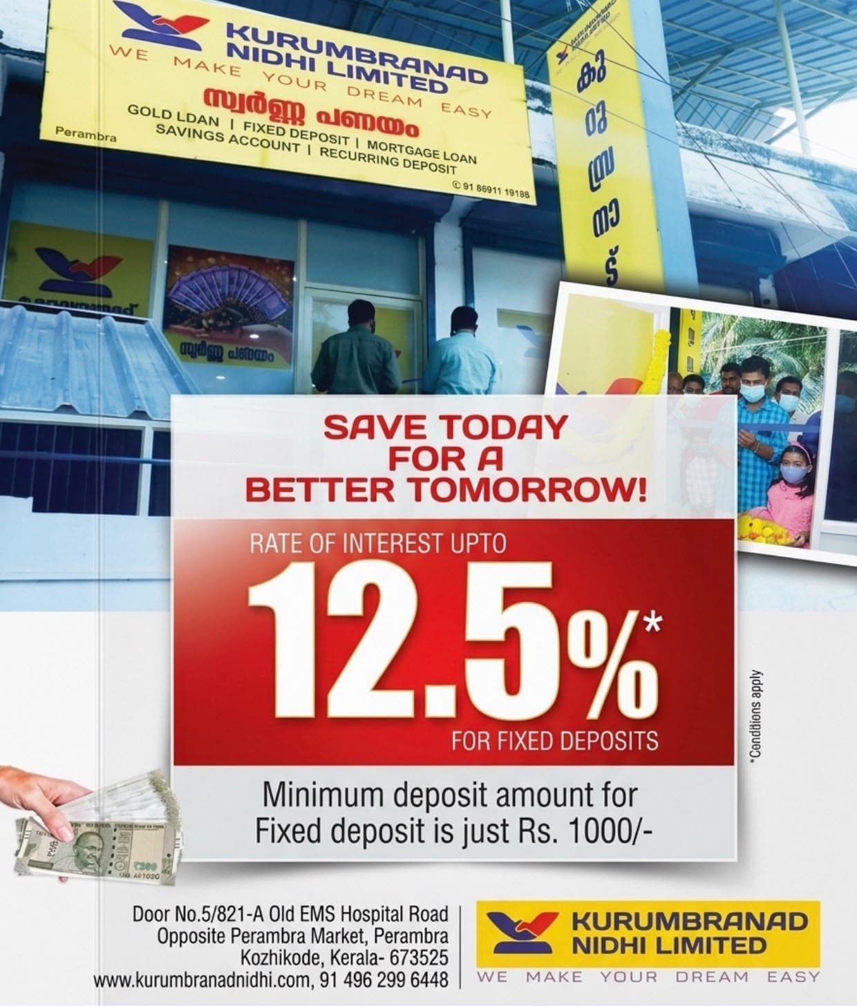Kurumbranad Gold Loan's Perambra branch storefront, with a fixed deposit offer and branch inauguration photo